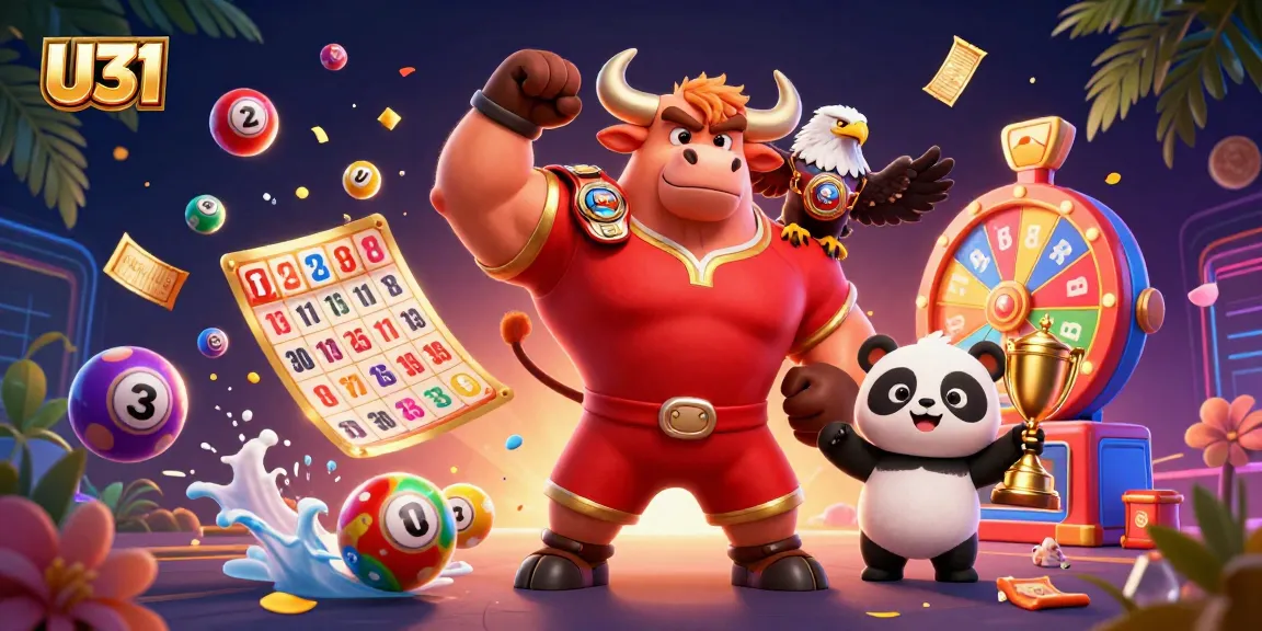 U31 casino features an energetic scene with a victorious bull and golden prizes amidst a dynamic gaming atmosphere.