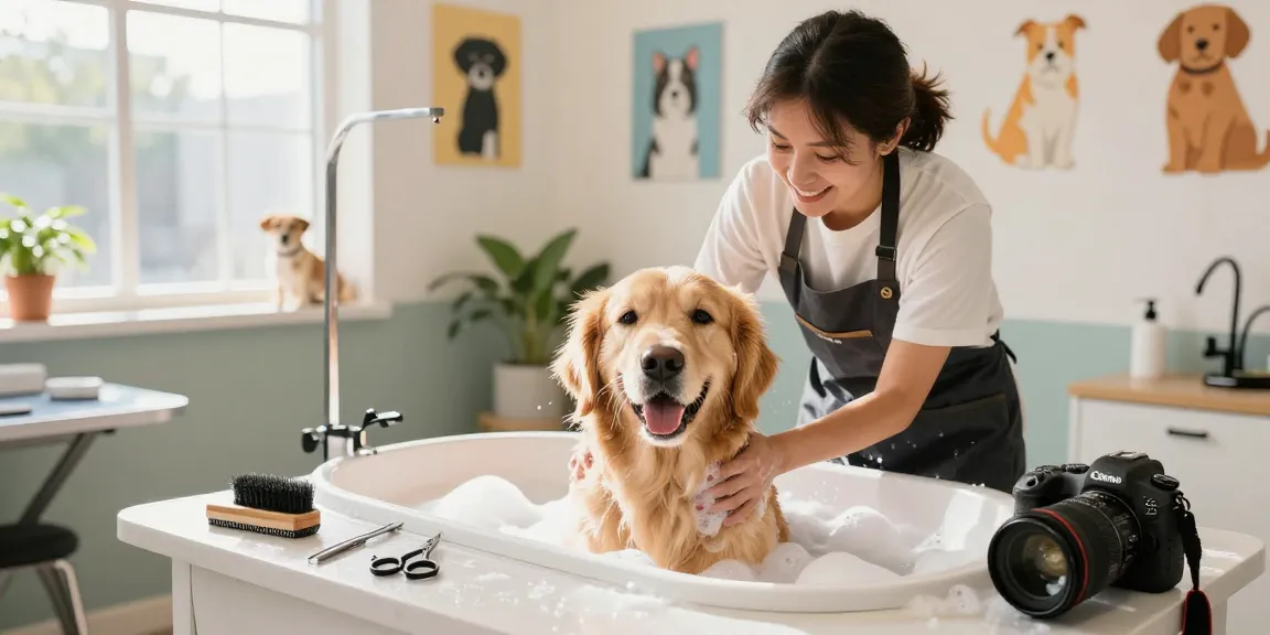 Happy golden retriever being groomed by a local groomer in York, showcasing a caring and inviting dog grooming salon atmosphere