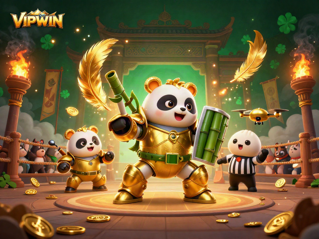 VIPWIN casino excitement illustrated with a mech-suit panda amidst thrilling gambling elements
