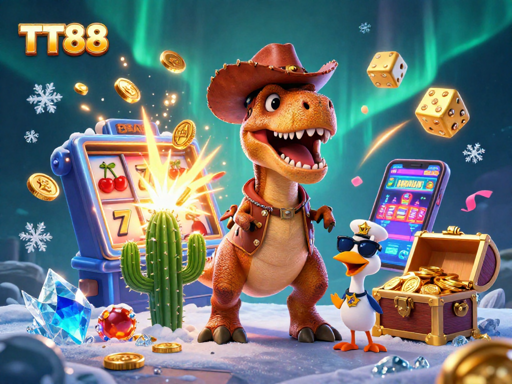 Win big with TT88 as a cowboy dinosaur spins the jackpot slot machine!