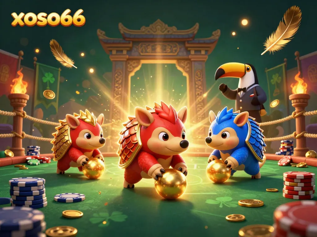 Engage with xoso66 in a thrilling casino showdown between colorful pangolins and an energetic referee.