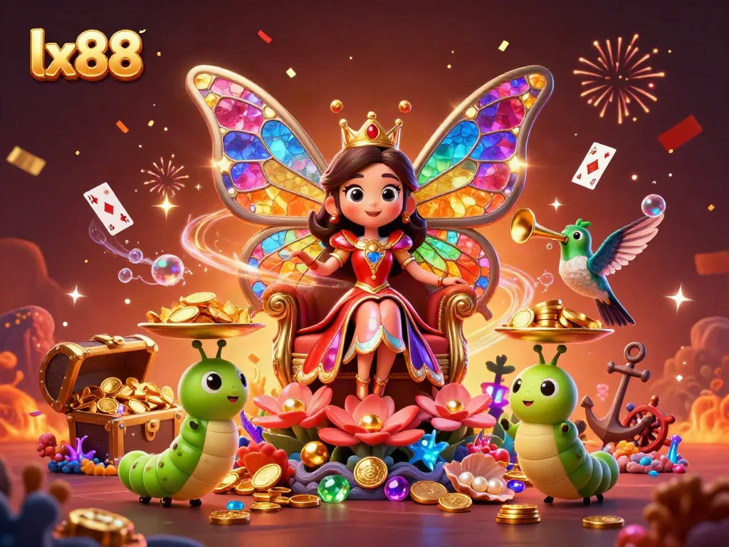 Experience the vibrant world of lx88 with colorful characters surrounded by casino elements.