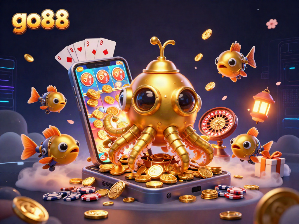 Experience excitement with go88 through a golden kraken submarine, diving amongst coins and vibrant games.