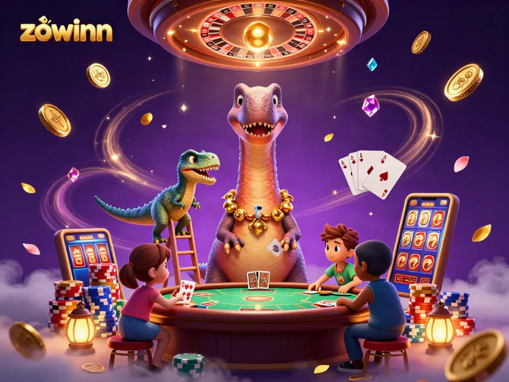Experience thrilling gameplay at Zowinn with cartoon dinosaurs and casino action in a vibrant scene.