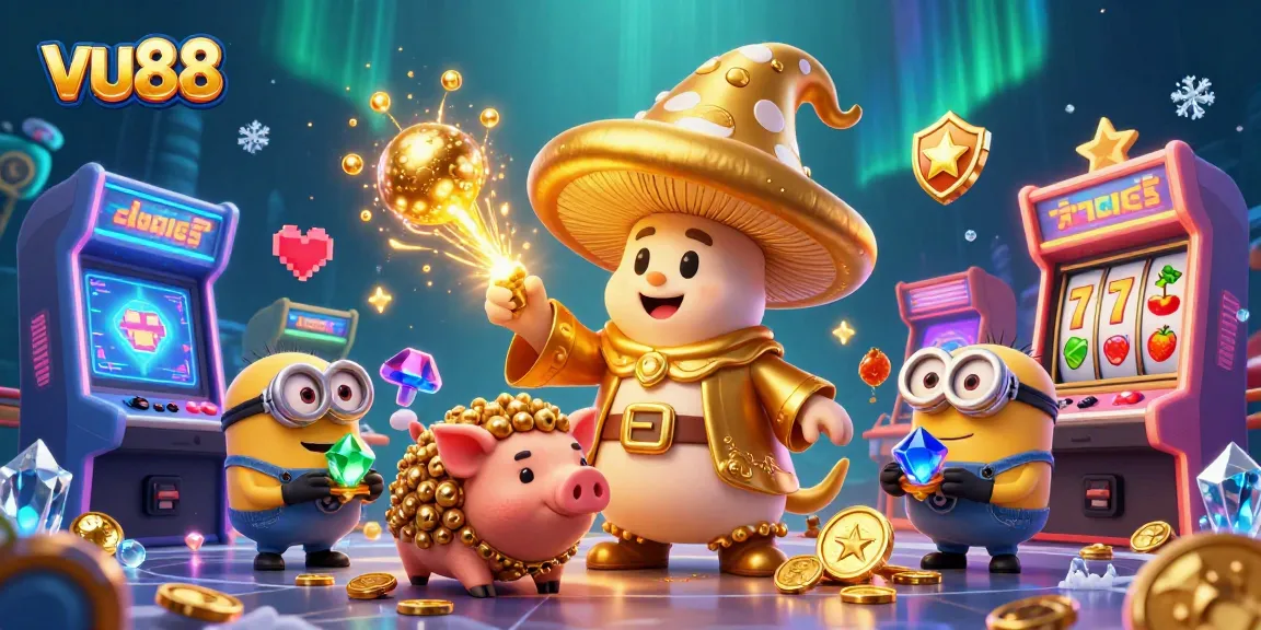 Experience the magic of vu88 with a golden mushroom wizard, treasure, and exciting slot game elements.