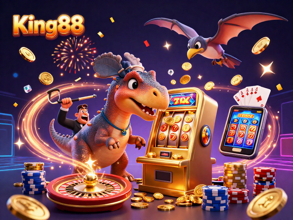 King88 celebrates big wins as a dinosaur hits the jackpot in a vibrant casino scene with golden coins.