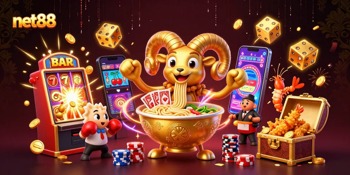 Experience exciting wins with net88 featuring a golden ramen bowl and dynamic casino elements.