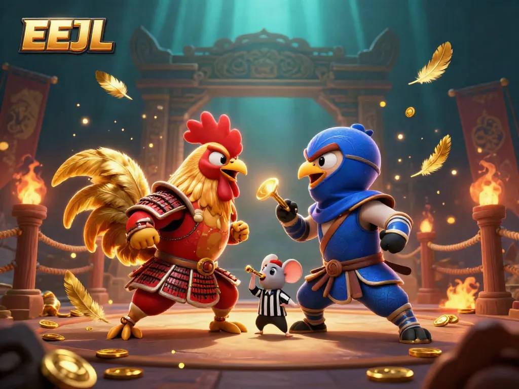 Engage with the thrilling duel of roosters at the EEJL online casino, amidst vibrant gaming elements.