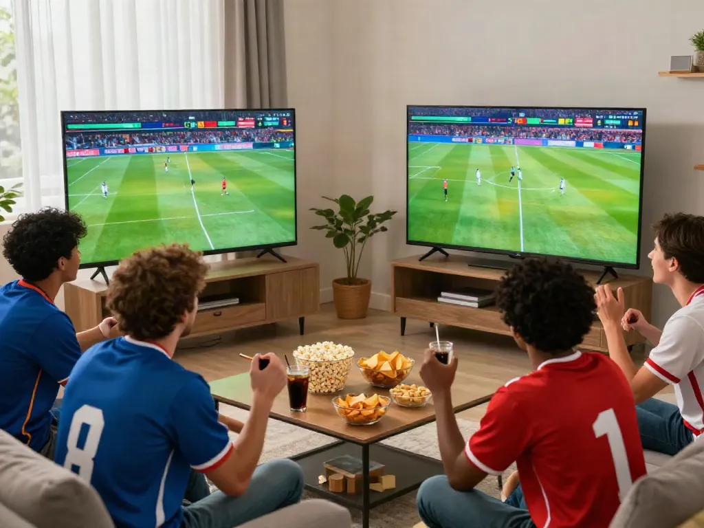 Football fans enjoying a live Thapcamtv match in a cozy living room filled with snacks and excitement.