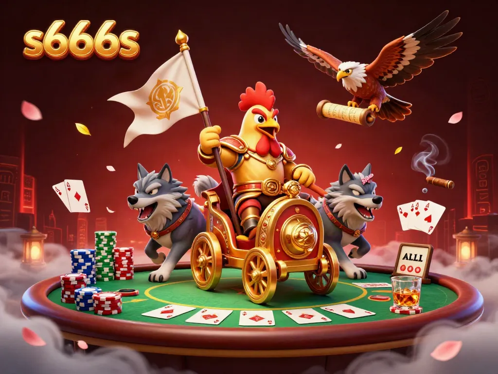 Engage in high-stakes poker action with s666s showcasing a dynamic rooster warlord and vibrant casino elements.