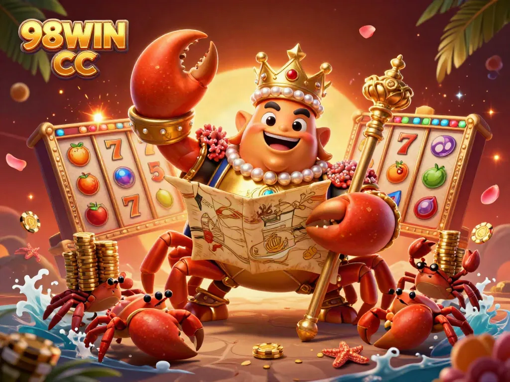 Experience thrilling gameplay with the vibrant 98WIN CC casino-themed scene showcasing golden treasures and lively slot elements.