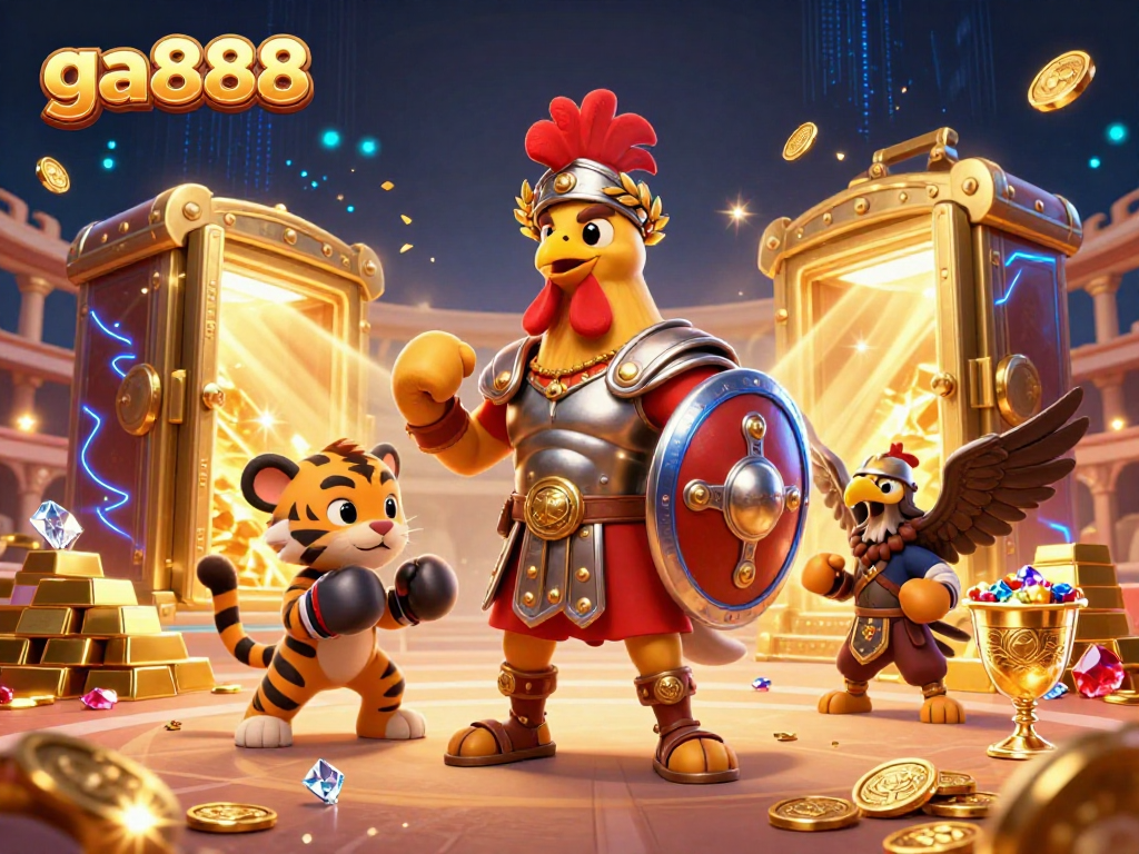 Join the excitement at ga888 with a vibrant 3D casino scene featuring a gladiator rooster, sparring tiger cub, and dynamic game elements.