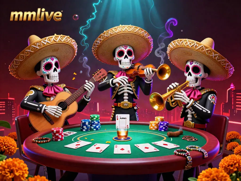 Engage with the mmlive gaming scene featuring a festive mariachi band and vibrant poker action.