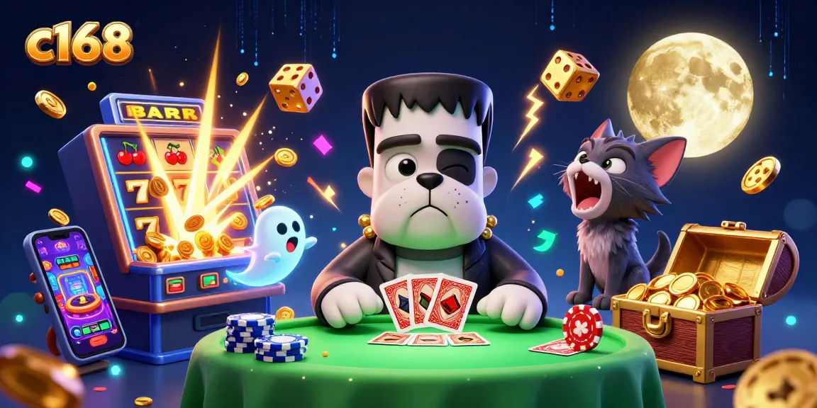 Experience thrilling gameplay at c168 with a vibrant 3D casino illustration featuring epic characters.