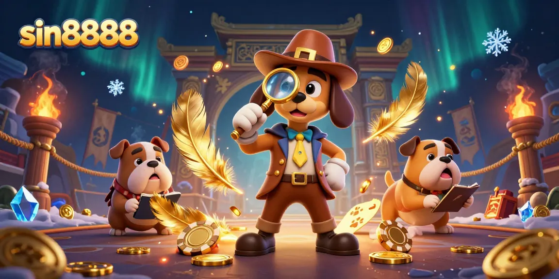 Engage with sin8888 through a detailed 3D cartoon scene featuring a detective and treasure clues in a vibrant casino.