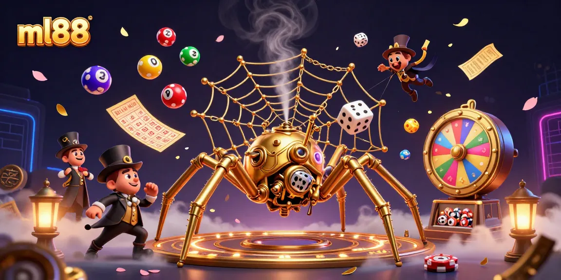 Engage with ml88 in a vibrant 3D casino scene, featuring a golden spider and exciting gambling elements.