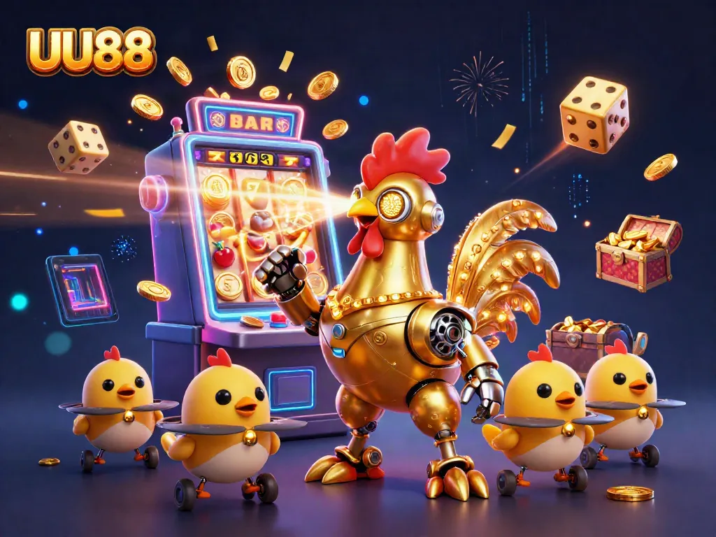 Engage in thrilling gameplay with UU88's jackpot explosion featuring cartoon golden rooster robot and dynamic casino elements.
