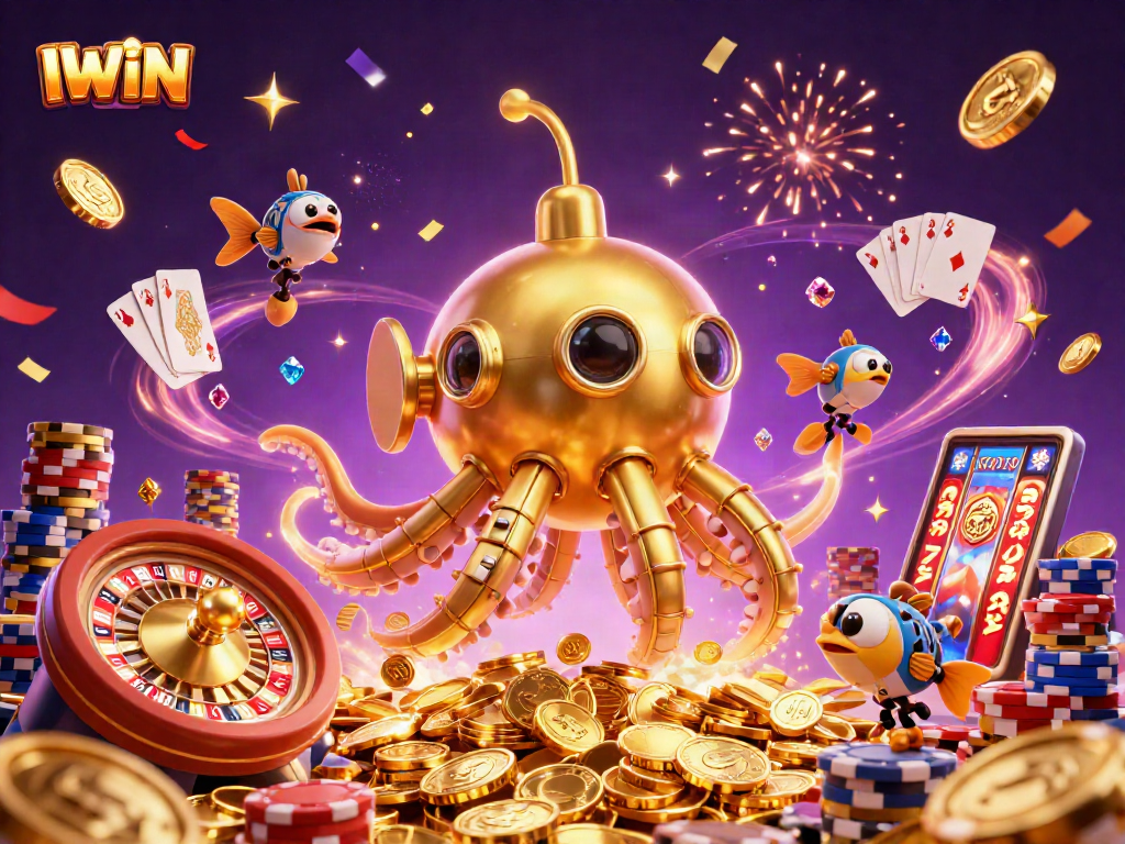 IWIN showcases a thrilling gaming experience with a vibrant kraken submarine amidst gold coins.