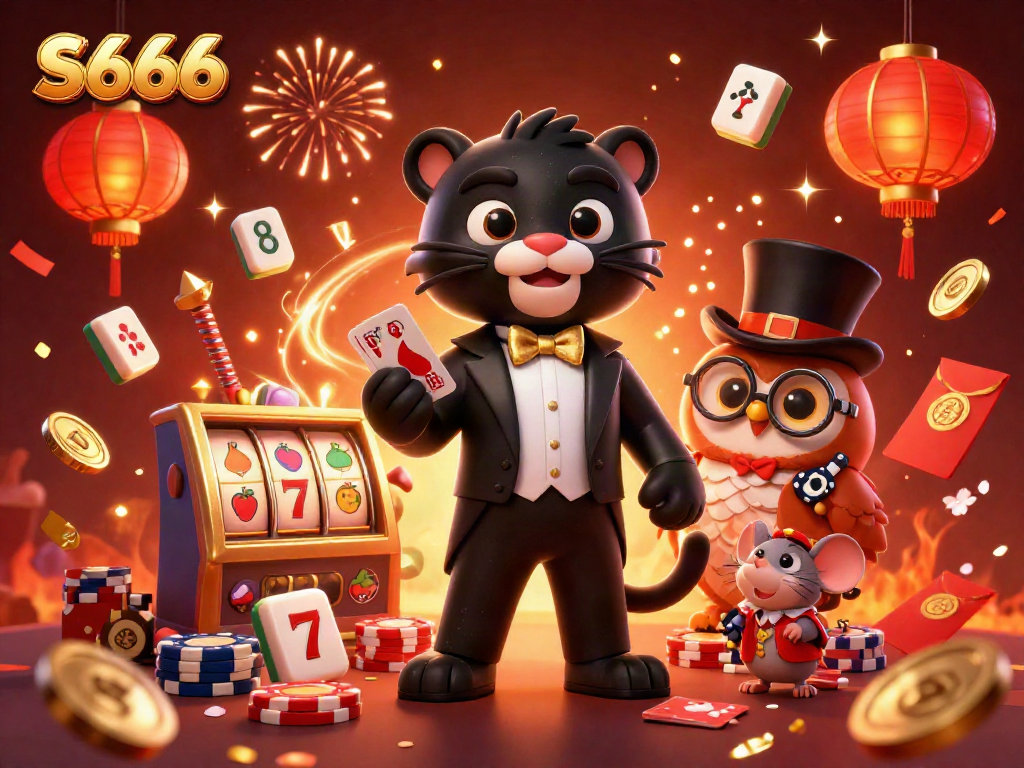 Experience the excitement of S666 with a panther dealer at a lively casino scene filled with vibrant games and festive elements.
