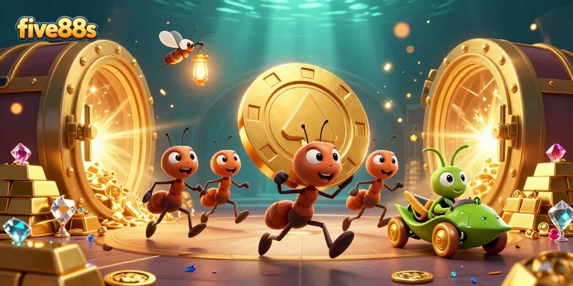 Five88s team of ants executing a thrilling heist with a giant poker chip amidst vibrant casino elements