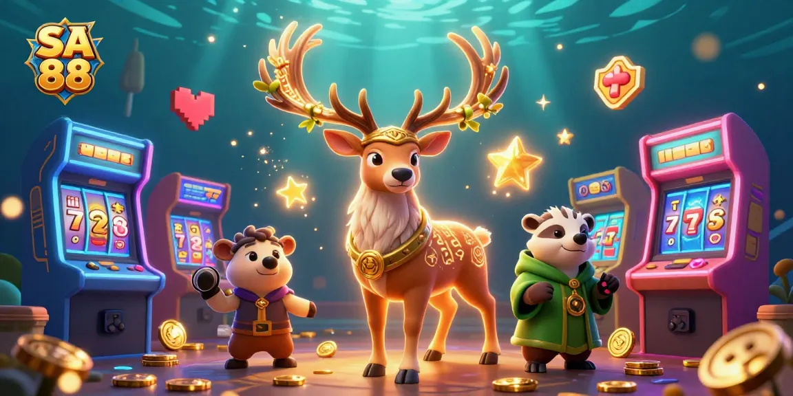 Engage with the vibrant SA 88 experience featuring a Celtic druid stag and cosmic gaming elements.