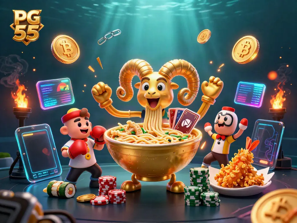 Engage in thrilling games with PG 55 illustrated by a dynamic casino scene featuring animated food characters and crypto symbols.