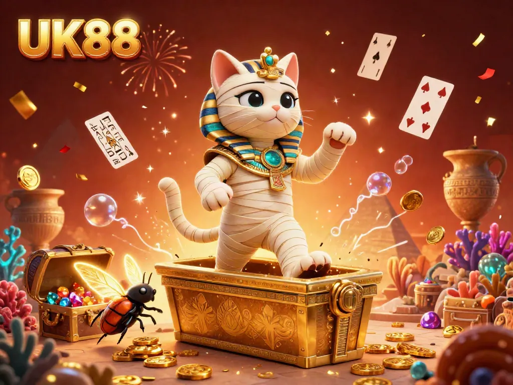 Experience thrilling gameplay with UK88 at the pyramid casino featuring a bursting mummy cat and gold treasures.