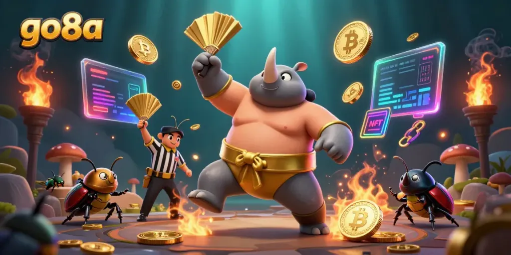 Experience thrilling casino action with go8a's unique illustration featuring a sumo beetle champion amidst dynamic gaming elements.