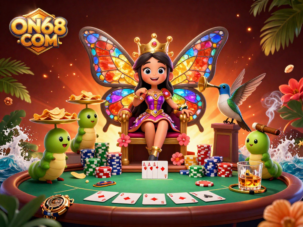 Engage with ON68 COM's vibrant casino scene featuring a butterfly queen on a poker throne.
