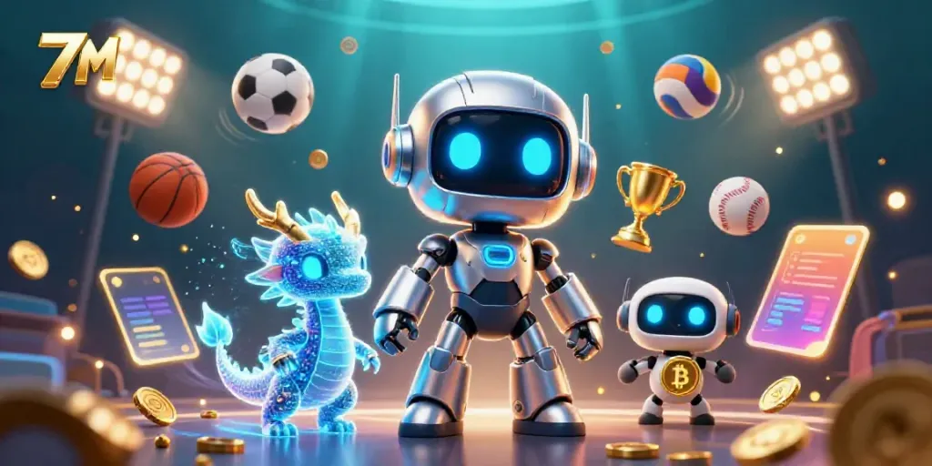Engage with 7M's dynamic sports betting scene featuring robots, trophies, and coins.