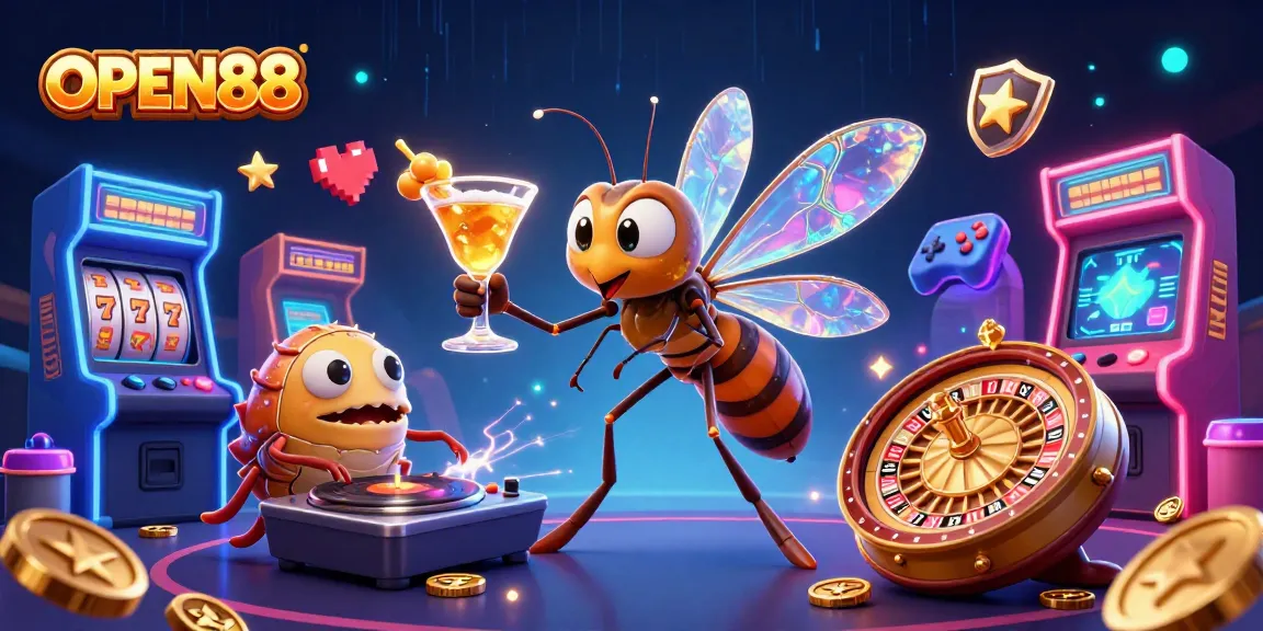 Explore OPEN88's vibrant casino world with a 3D cartoon mascot and exciting game elements!