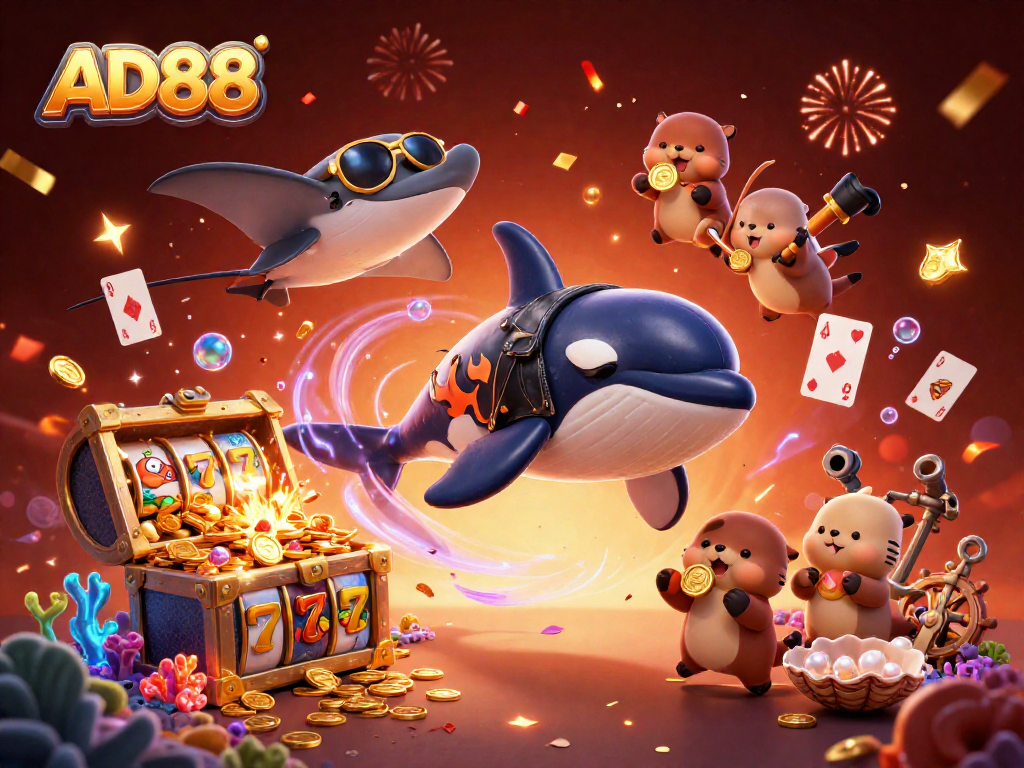 AD88 themed casino illustration featuring an orca whale and otters amidst gold coins and slot reels.