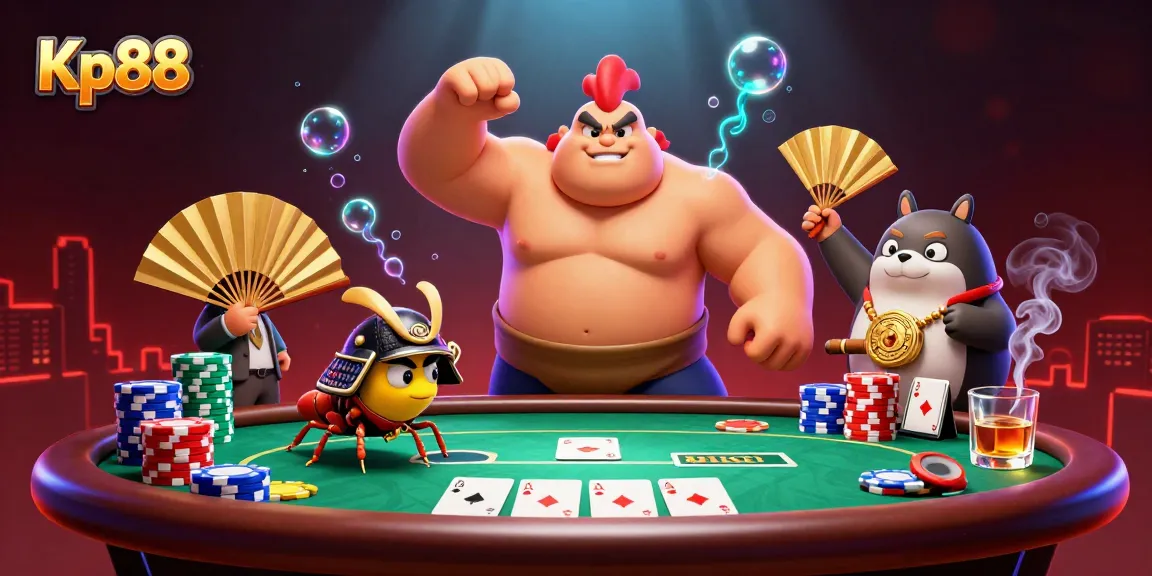 Kp88 showcases a powerful online gambling scene with vibrant casino elements and dynamic characters.
