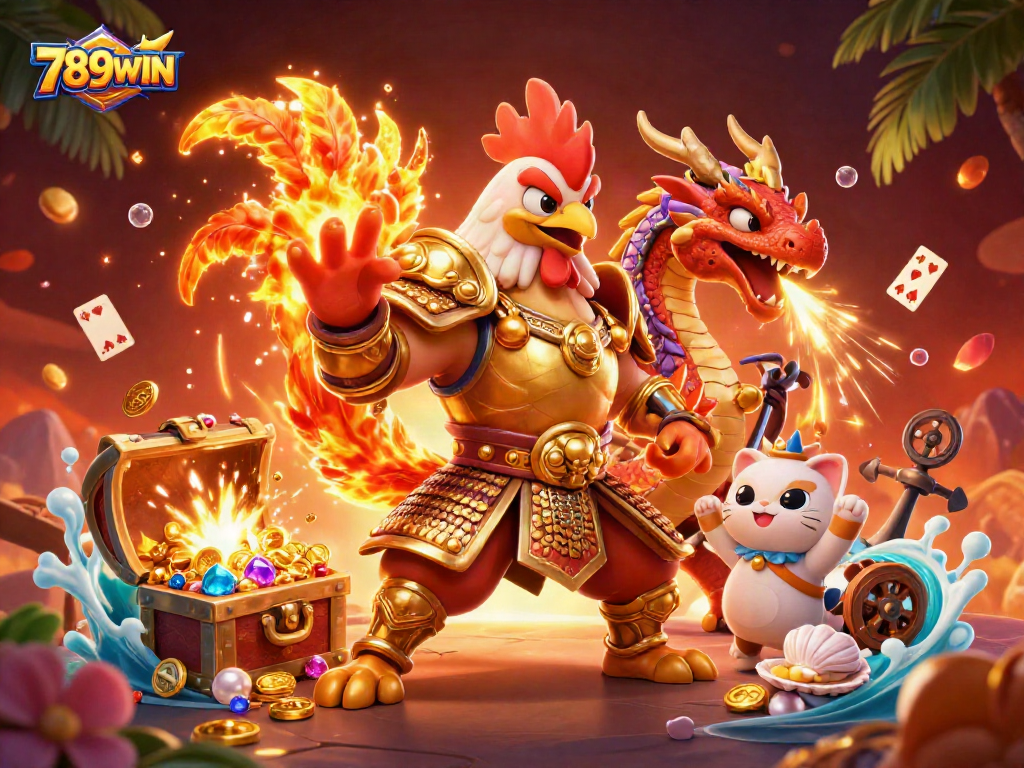 Engage in thrilling adventures at 789WIN with epic casino battles in a vibrant illustrated scene.