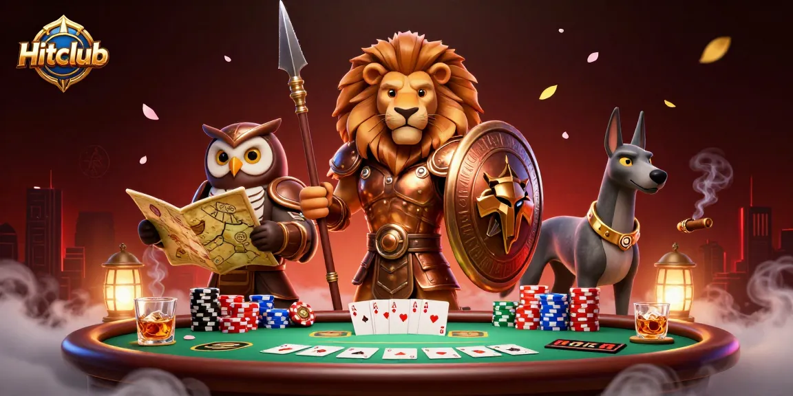Hitclub showcases thrilling poker action with a Spartan lion, owl strategist, and greyhound messenger at a vibrant casino scene.