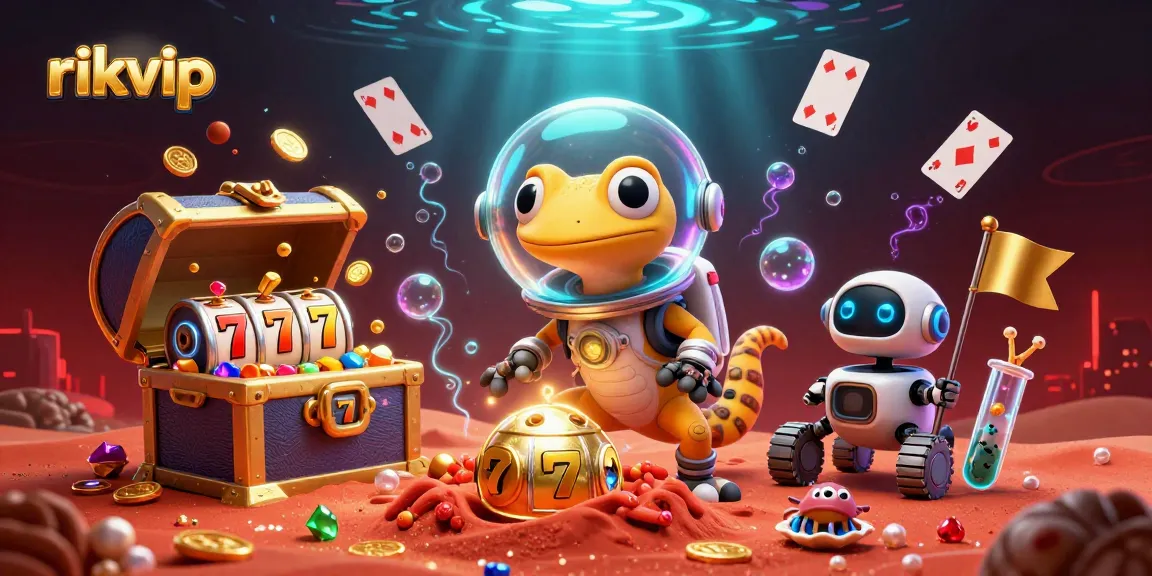 Experience the excitement at rikvip with a Martian gecko uncovering a golden casino, vibrant treasures, and dynamic gameplay.