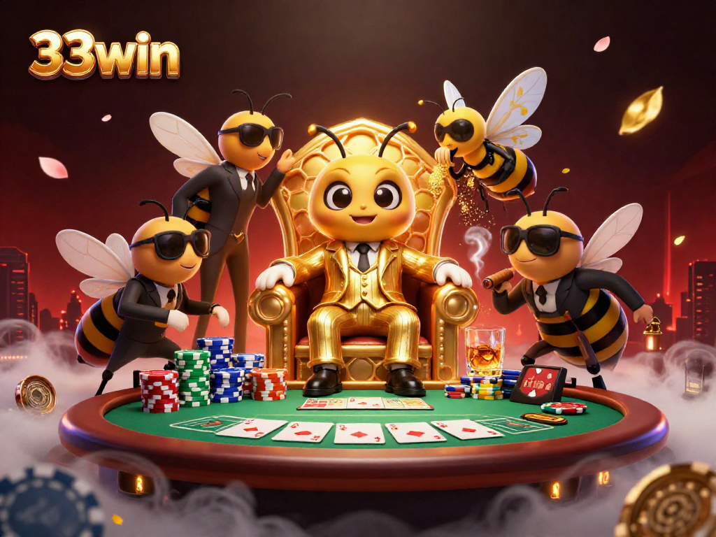 33win's vibrant bumblebee mob boss character dominates a colorful poker scene.