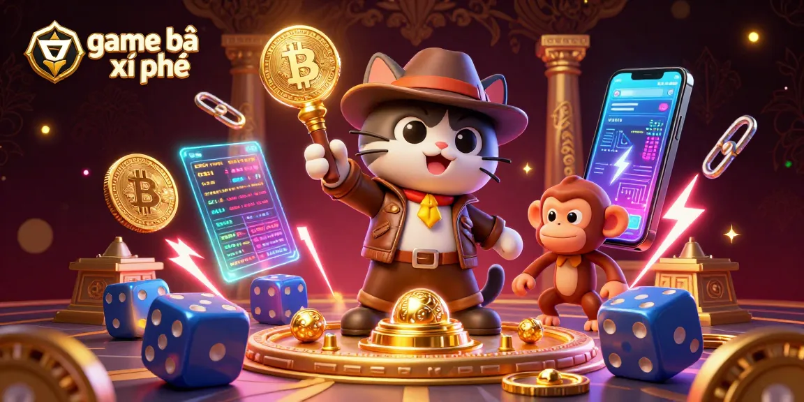 Experience game bài xì phé with a vibrant 3D illustration of an explorer cat uncovering casino treasures.