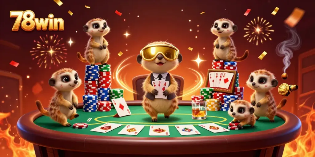 Experience the vibrant action of 78win's thrilling casino operations with meerkats as dealers.