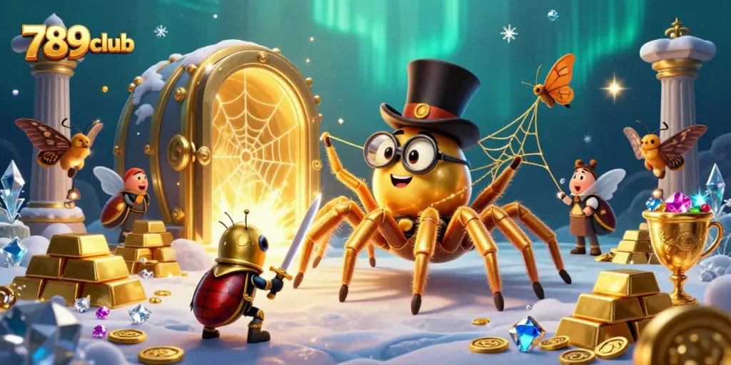 Engaging 789club illustration showcasing a thrilling casino scene with a golden tarantula and knight.