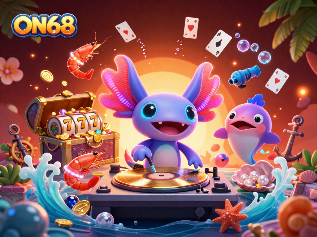 Experience the excitement of ON68 with a vibrant underwater casino scene featuring an interactive DJ and glowing characters.