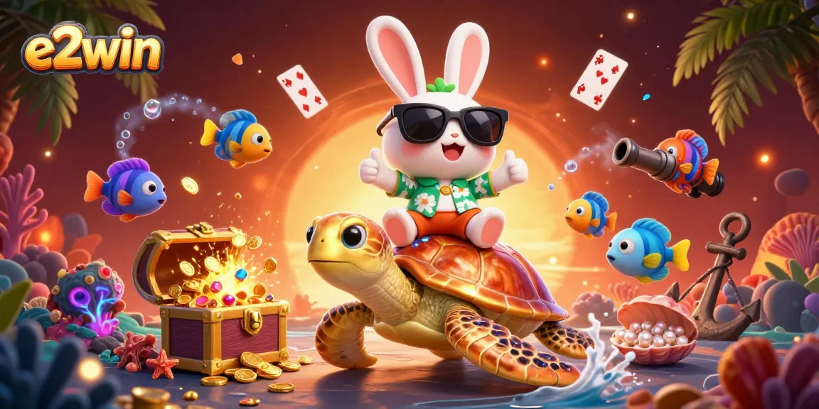 Experience thrilling e2win gaming adventures with a lucky rabbit and golden turtle in a vibrant undersea casino.
