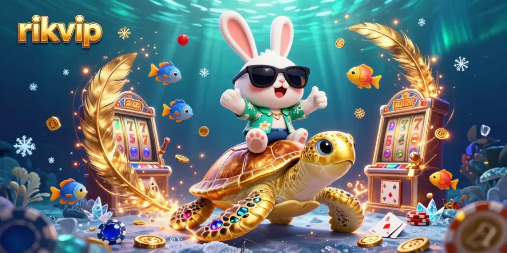 Join the fun at rikvip with a lively rabbit enjoying casino games on a golden turtle.