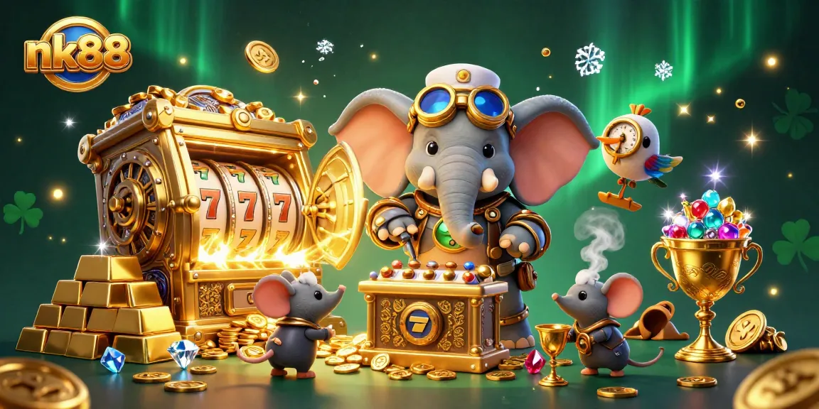 Spin the reels at nk88 with a steampunk-themed elephant engineer operating a golden slot machine.