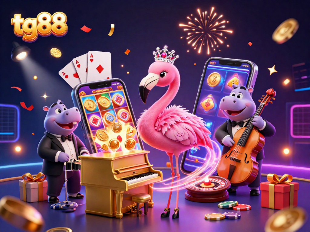 Experience fun with tg88 as a flamingo singer and hippo bassist perform in a vibrant casino scene.
