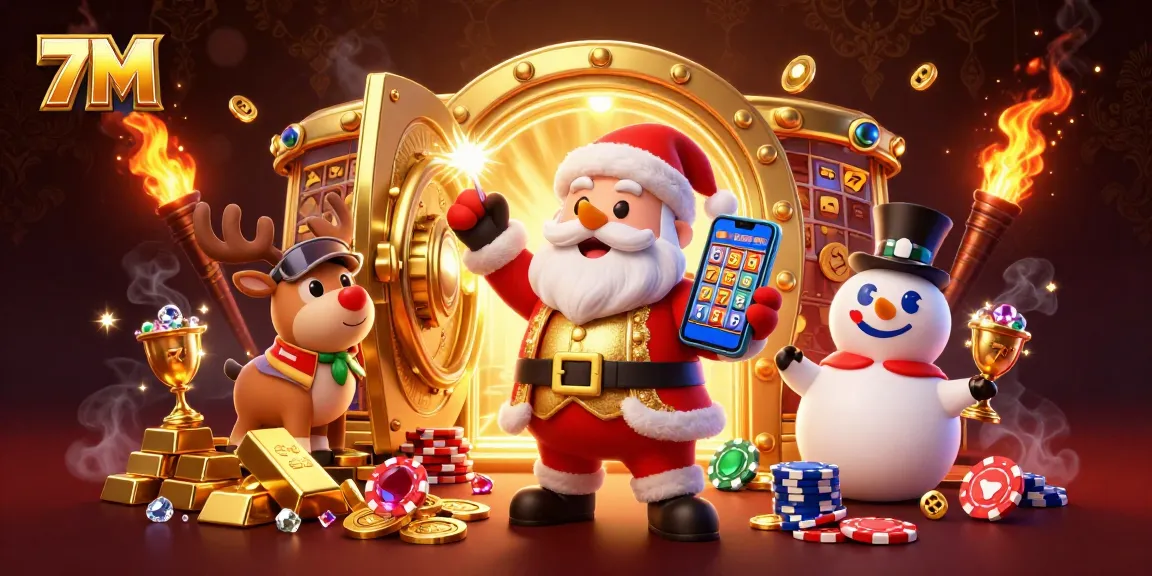 Experience the thrill of 7M slots with Santa and friends in this vibrant casino scene.