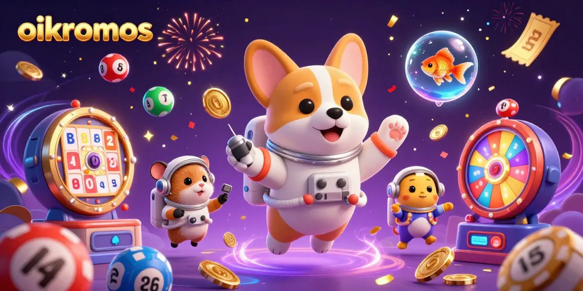 Engage in vibrant gaming moments at oikonomos with a festive space casino scene and dynamic lottery elements.