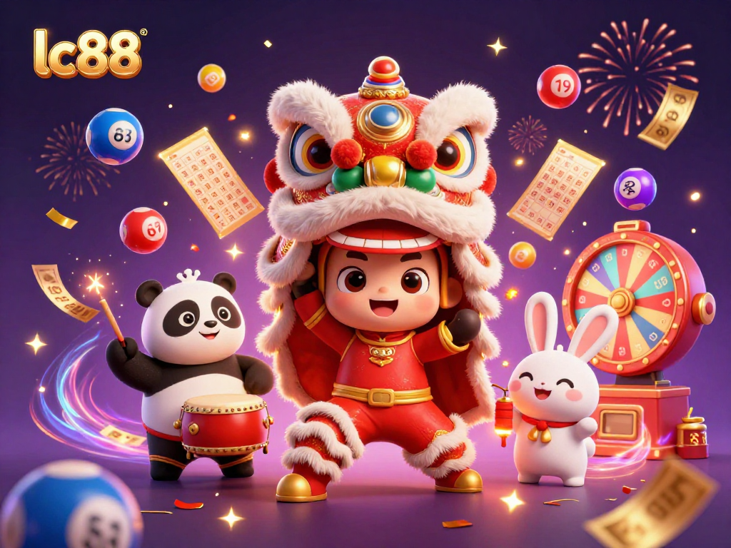 Engage in lively lottery fun with lc88 featuring dynamic illustrations of games and celebrations.