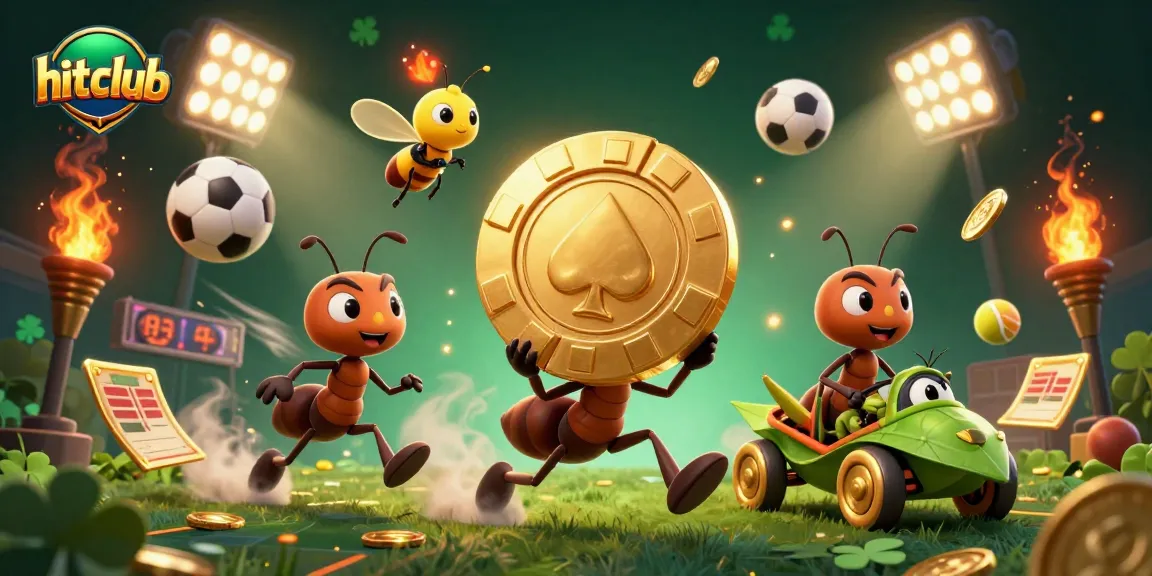 Hitclub ants carry a giant poker chip in a vibrant casino adventure filled with gold coins and trophies.