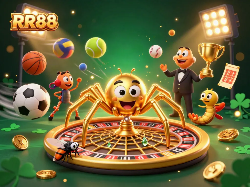 RR88 showcases thrilling bets with dynamic sports balls, fortune symbols, and vibrant casino action.